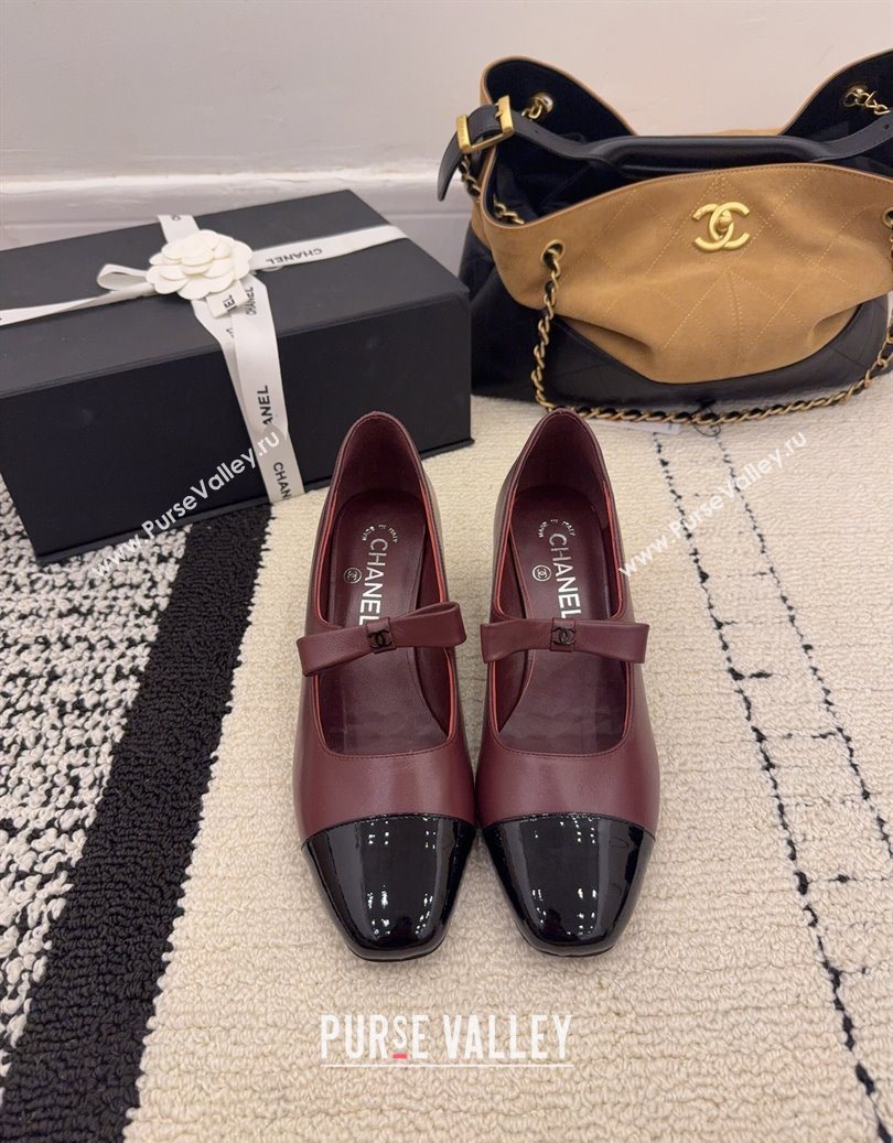 Chanel Lambskin and Patent Leather Mary Janes Pumps 5cm with Bow Burgundy 2025 CH110302 (MD-251103105)