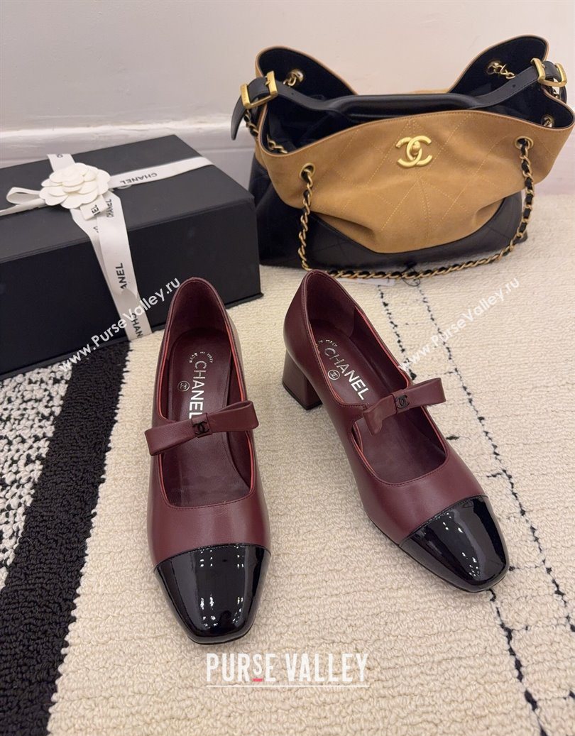 Chanel Lambskin and Patent Leather Mary Janes Pumps 5cm with Bow Burgundy 2025 CH110302 (MD-251103105)
