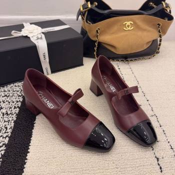 Chanel Lambskin and Patent Leather Mary Janes Pumps 5cm with Bow Burgundy 2025 CH110302 (MD-251103105)