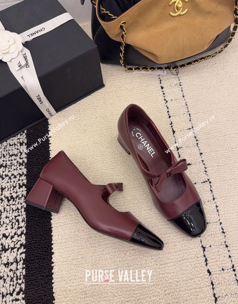 Chanel Lambskin and Patent Leather Mary Janes Pumps 5cm with Bow Burgundy 2025 CH110302 (MD-251103105)