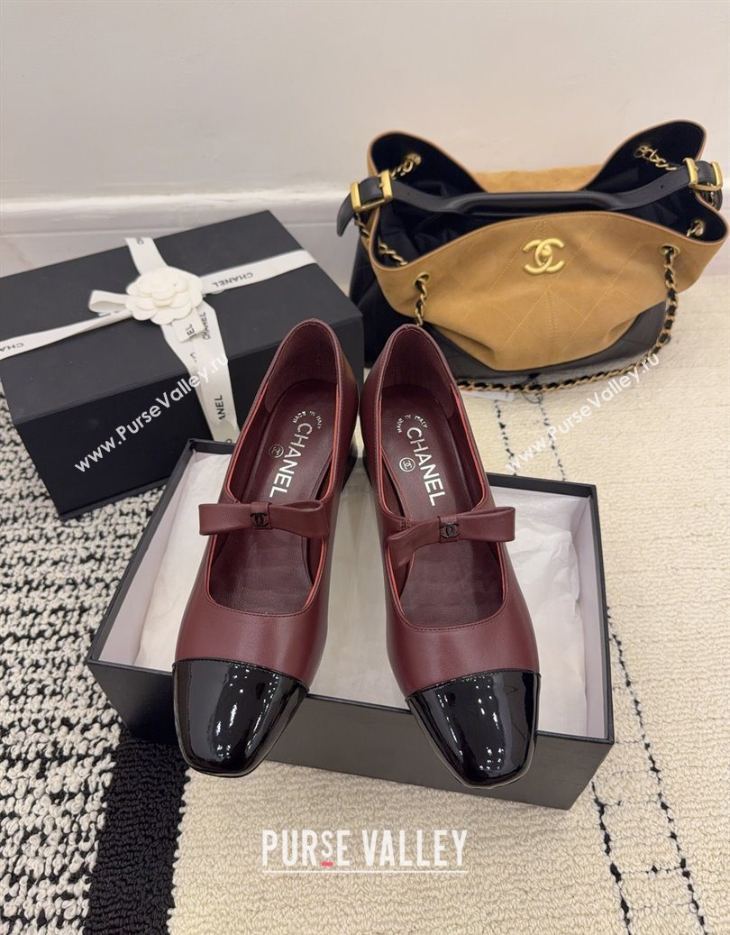 Chanel Lambskin and Patent Leather Mary Janes Pumps 5cm with Bow Burgundy 2025 CH110302 (MD-251103105)