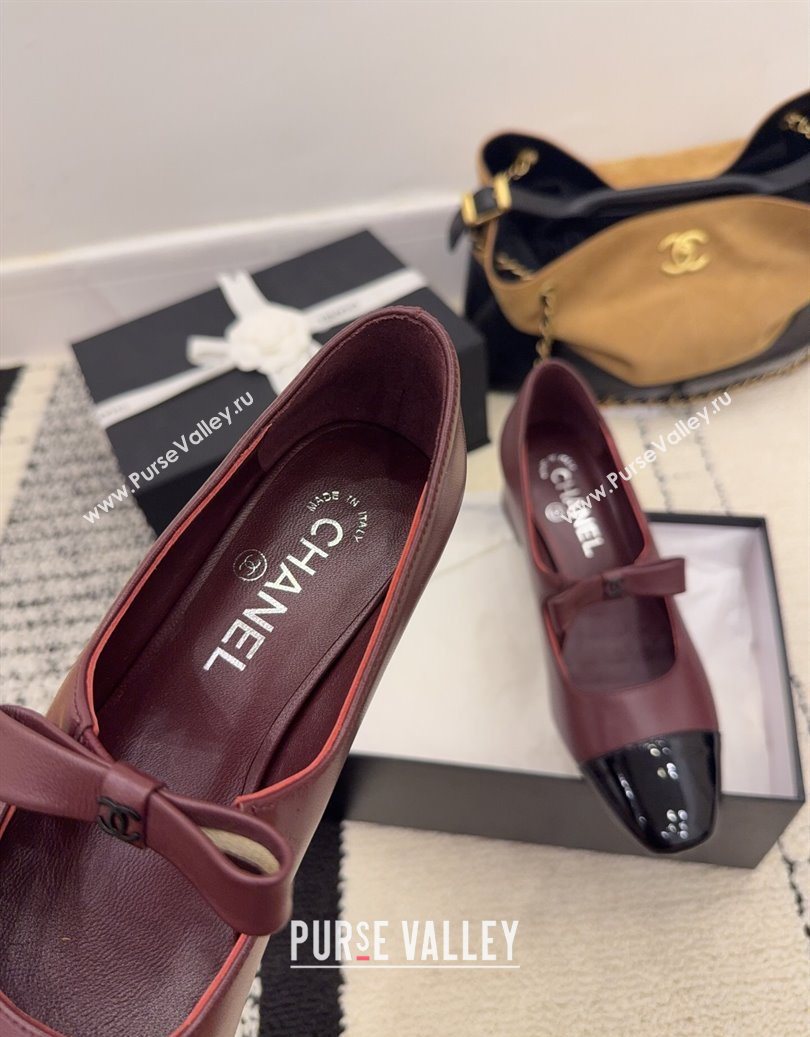 Chanel Lambskin and Patent Leather Mary Janes Pumps 5cm with Bow Burgundy 2025 CH110302 (MD-251103105)