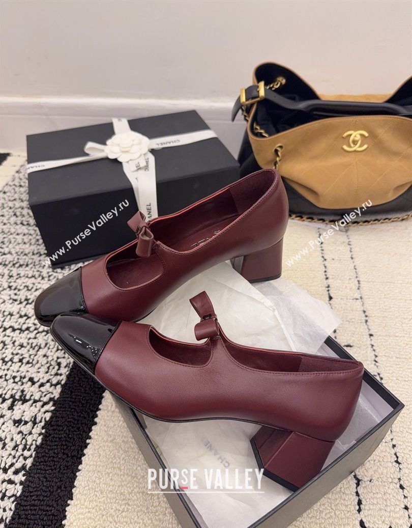 Chanel Lambskin and Patent Leather Mary Janes Pumps 5cm with Bow Burgundy 2025 CH110302 (MD-251103105)