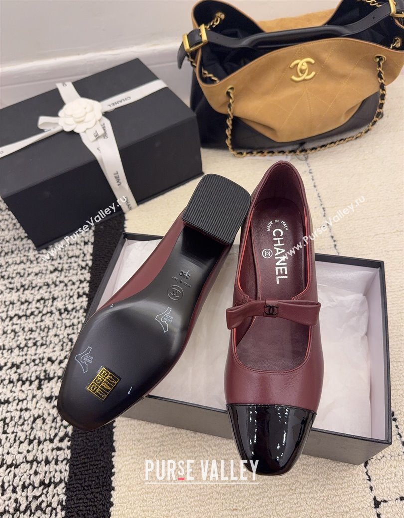 Chanel Lambskin and Patent Leather Mary Janes Pumps 5cm with Bow Burgundy 2025 CH110302 (MD-251103105)