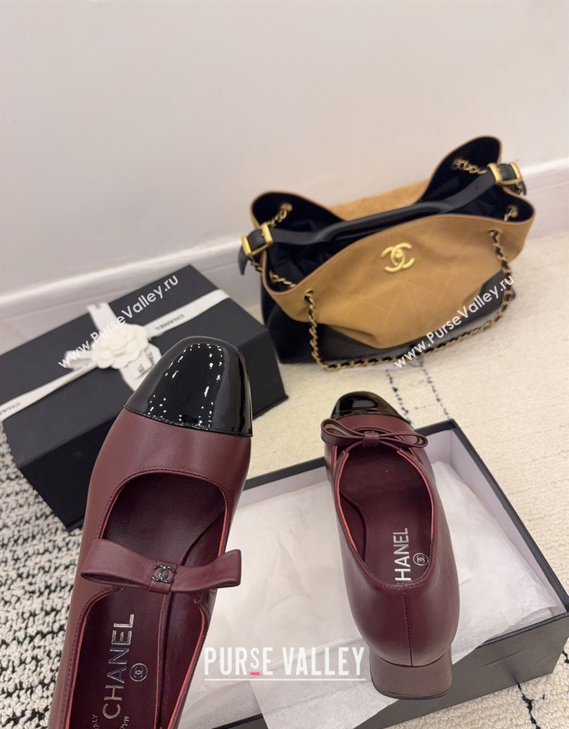 Chanel Lambskin and Patent Leather Mary Janes Pumps 5cm with Bow Burgundy 2025 CH110302 (MD-251103105)