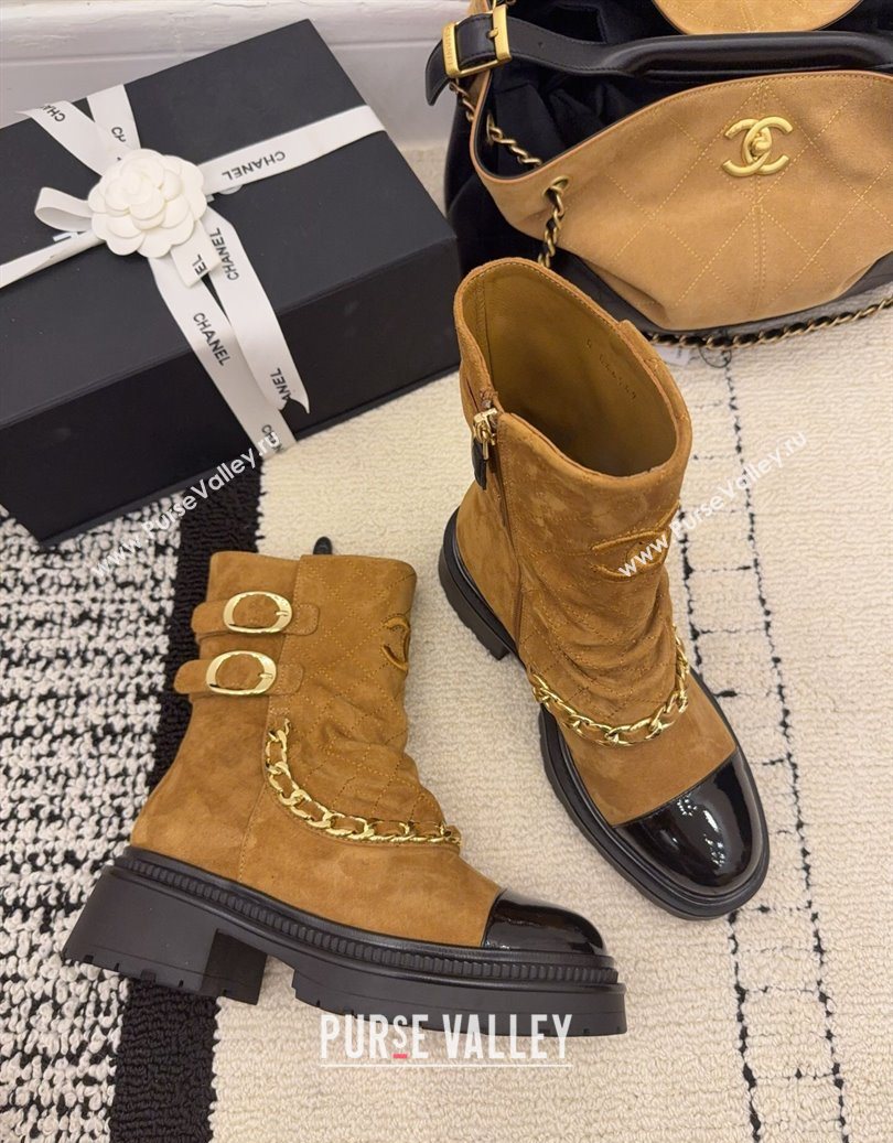 Chanel Suede Patent Leather Platform Ankle Boots with Chain and Buckle Brown 2025 CH110412 (MD-251104058)