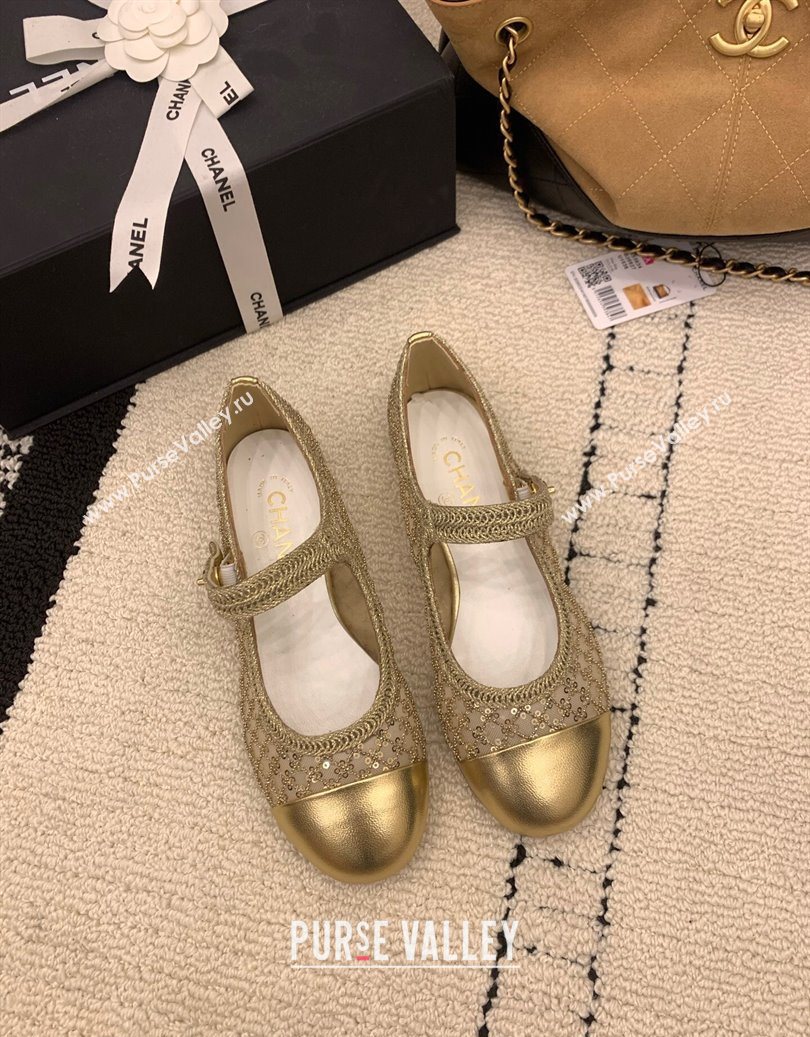 Chanel Leather - Mesh and Sequins Mary Janes Ballets Flat Gold 2025 CH110311 (MD-251103106)