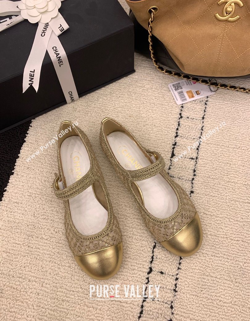 Chanel Leather - Mesh and Sequins Mary Janes Ballets Flat Gold 2025 CH110311 (MD-251103106)
