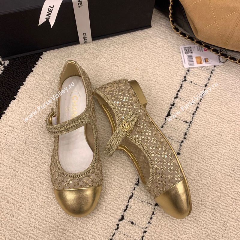 Chanel Leather - Mesh and Sequins Mary Janes Ballets Flat Gold 2025 CH110311 (MD-251103106)