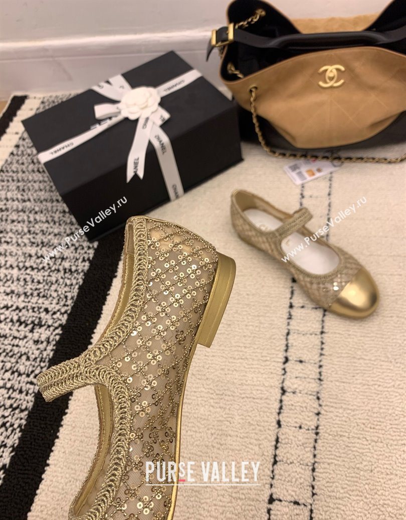 Chanel Leather - Mesh and Sequins Mary Janes Ballets Flat Gold 2025 CH110311 (MD-251103106)