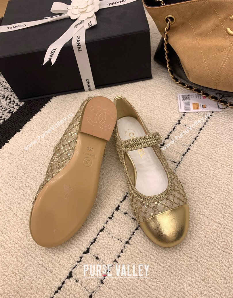 Chanel Leather - Mesh and Sequins Mary Janes Ballets Flat Gold 2025 CH110311 (MD-251103106)