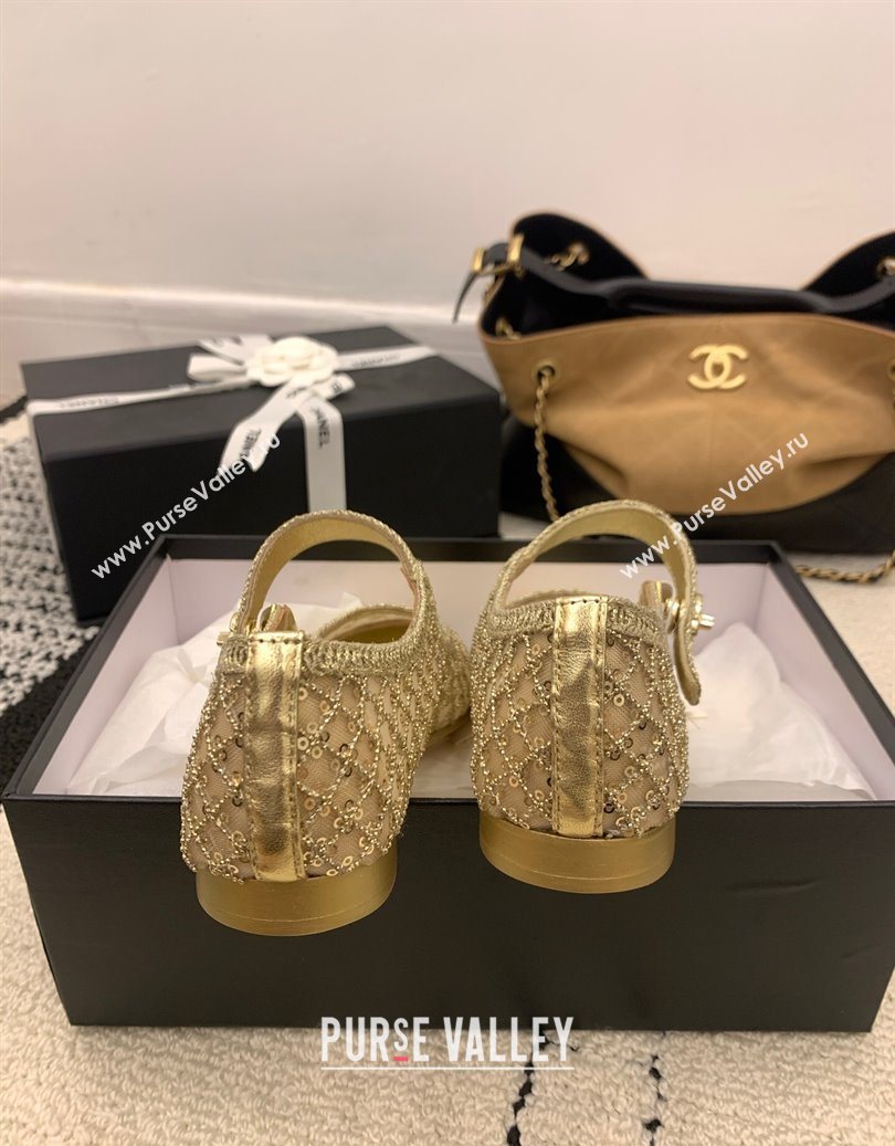 Chanel Leather - Mesh and Sequins Mary Janes Ballets Flat Gold 2025 CH110311 (MD-251103106)