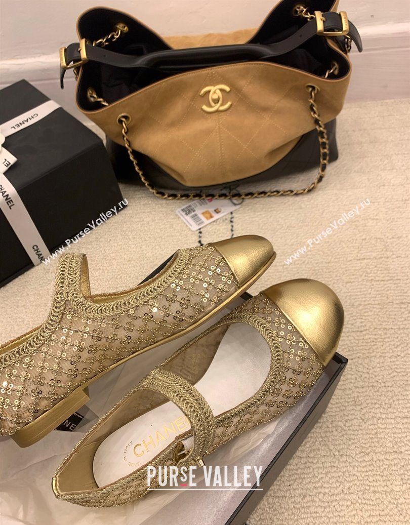 Chanel Leather - Mesh and Sequins Mary Janes Ballets Flat Gold 2025 CH110311 (MD-251103106)