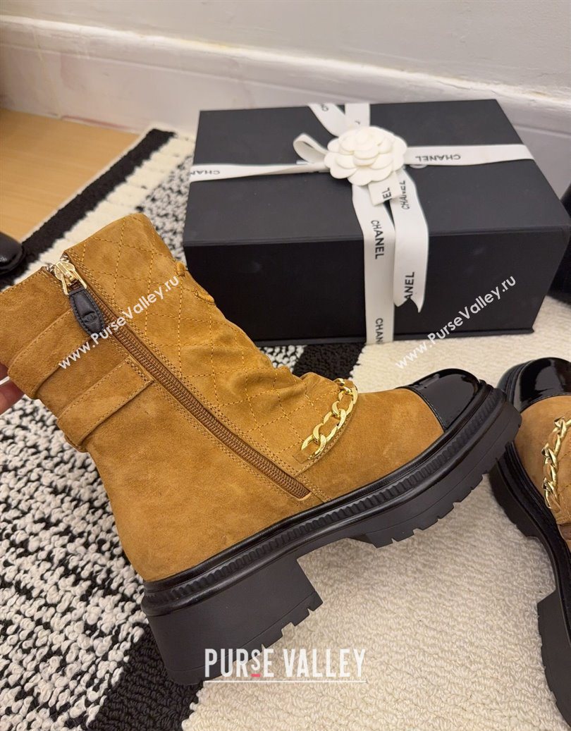 Chanel Suede Patent Leather Platform Ankle Boots with Chain and Buckle Brown 2025 CH110412 (MD-251104058)