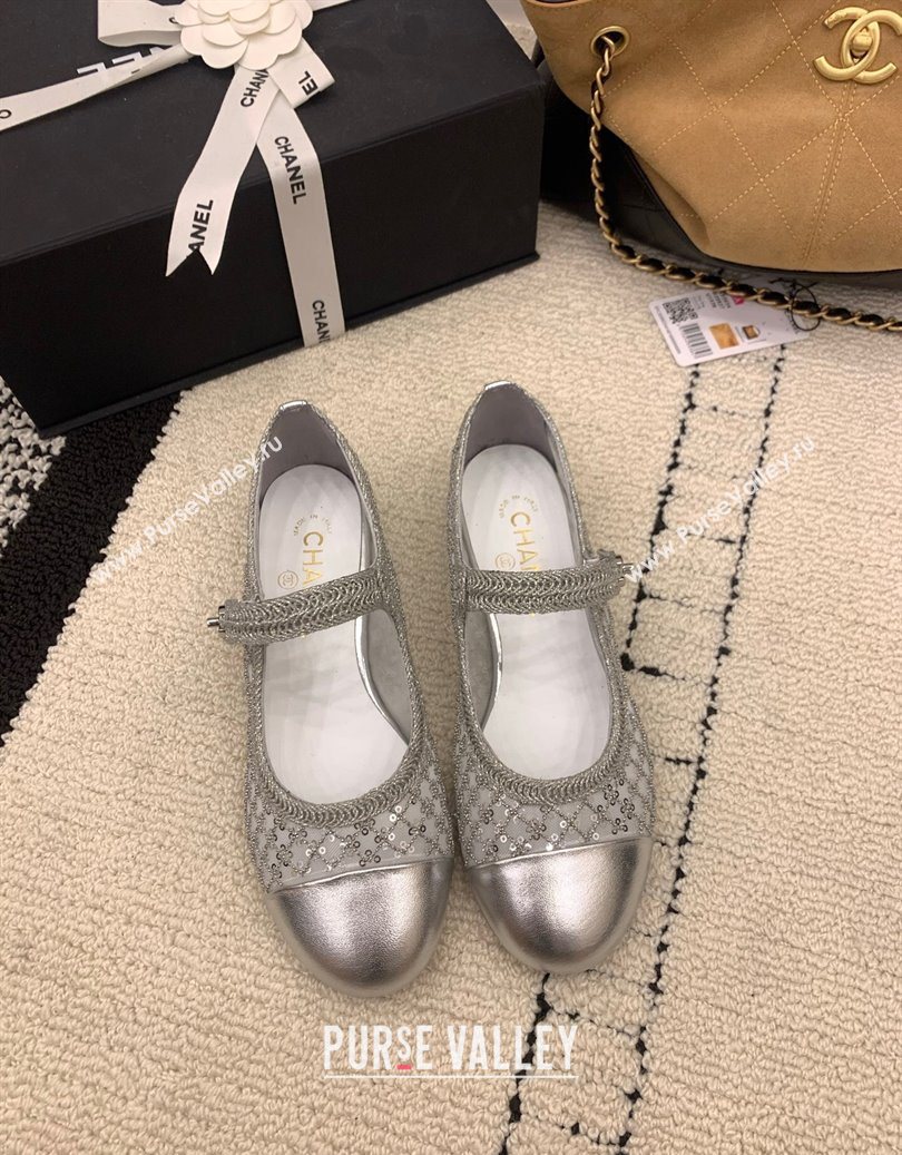Chanel Leather - Mesh and Sequins Mary Janes Ballets Flat Silver 2025 CH110311 (MD-251103108)