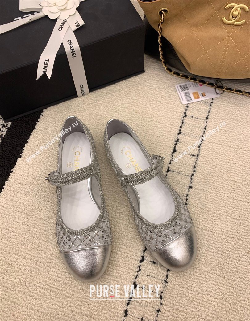 Chanel Leather - Mesh and Sequins Mary Janes Ballets Flat Silver 2025 CH110311 (MD-251103108)