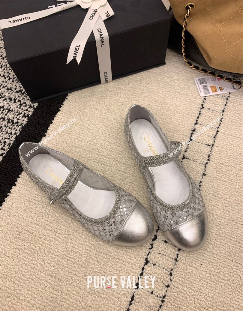 Chanel Leather - Mesh and Sequins Mary Janes Ballets Flat Silver 2025 CH110311 (MD-251103108)