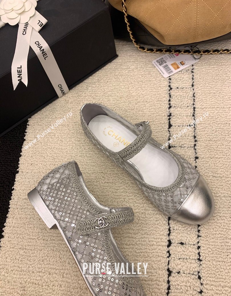 Chanel Leather - Mesh and Sequins Mary Janes Ballets Flat Silver 2025 CH110311 (MD-251103108)