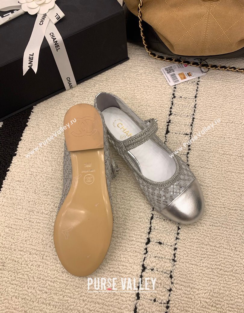 Chanel Leather - Mesh and Sequins Mary Janes Ballets Flat Silver 2025 CH110311 (MD-251103108)