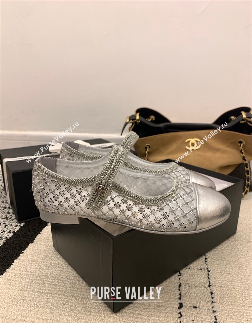 Chanel Leather - Mesh and Sequins Mary Janes Ballets Flat Silver 2025 CH110311 (MD-251103108)