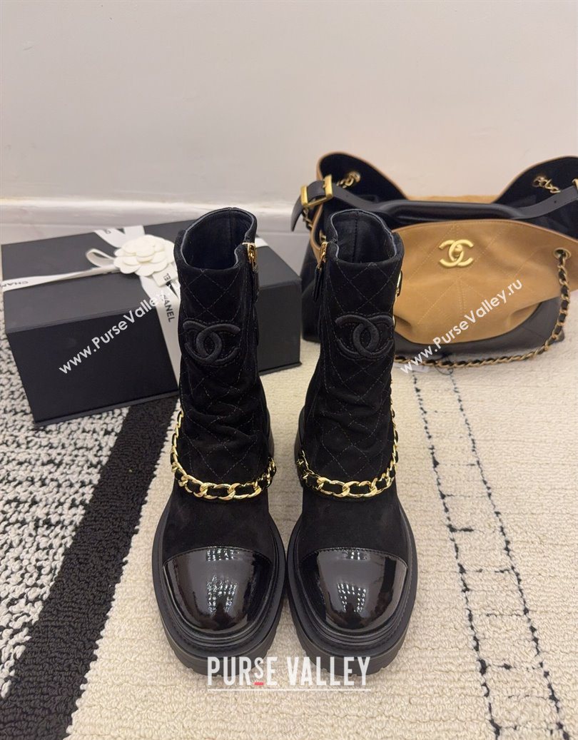 Chanel Suede Patent Leather Platform Ankle Boots with Chain and Buckle Black 2025 CH110412 (MD-251104059)