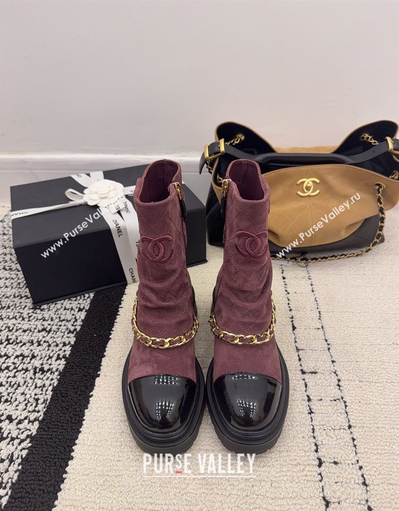 Chanel Suede Patent Leather Platform Ankle Boots with Chain and Buckle Burgundy 2025 CH110412 (MD-251104057)
