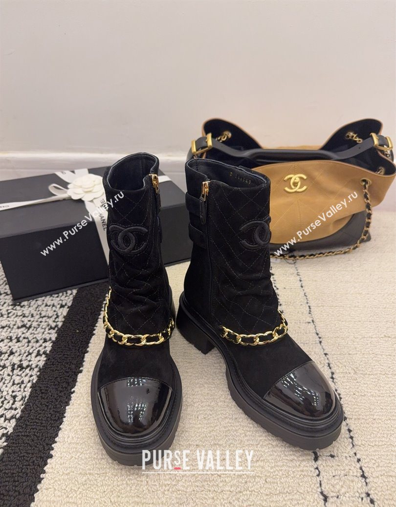 Chanel Suede Patent Leather Platform Ankle Boots with Chain and Buckle Black 2025 CH110412 (MD-251104059)