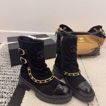Chanel Suede Patent Leather Platform Ankle Boots with Chain and Buckle Black 2025 CH110412 (MD-251104059)