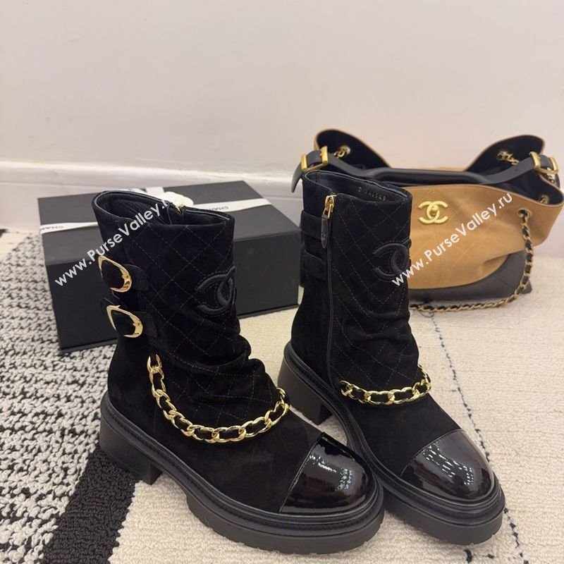 Chanel Suede Patent Leather Platform Ankle Boots with Chain and Buckle Black 2025 CH110412 (MD-251104059)