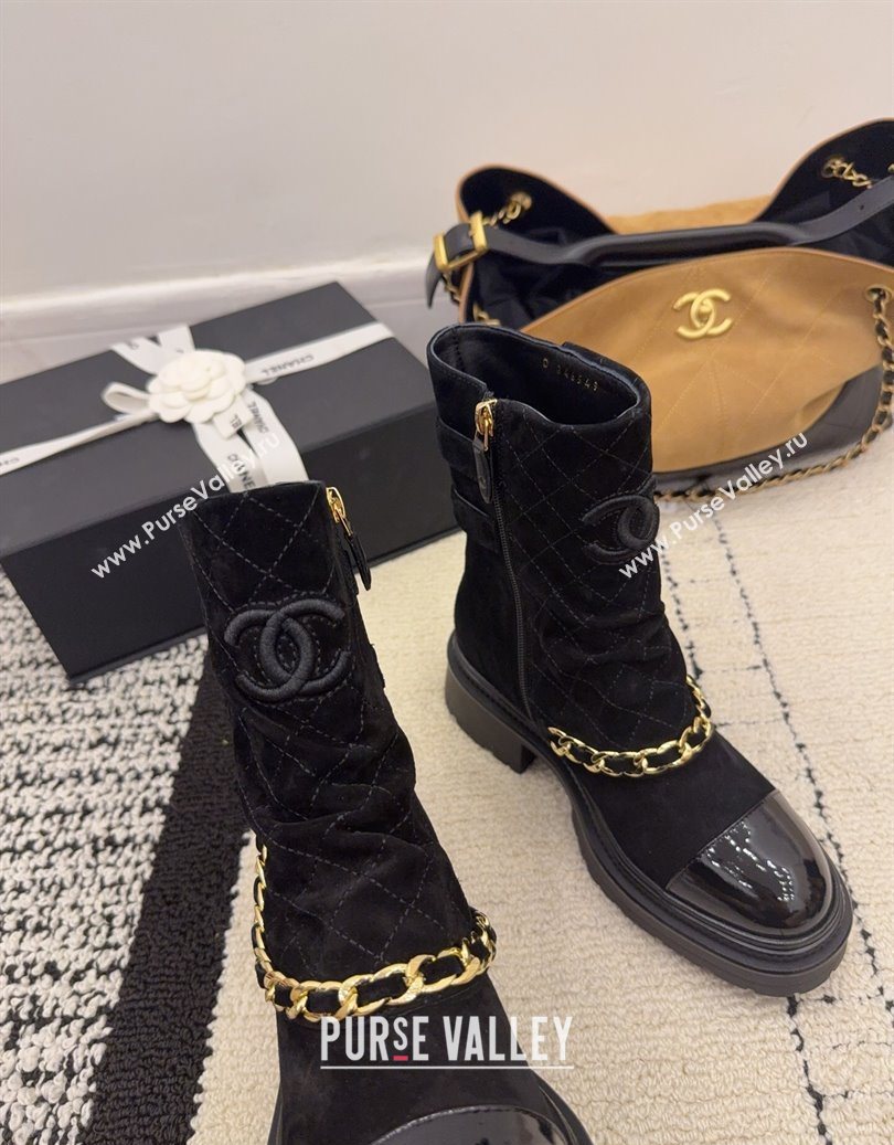Chanel Suede Patent Leather Platform Ankle Boots with Chain and Buckle Black 2025 CH110412 (MD-251104059)