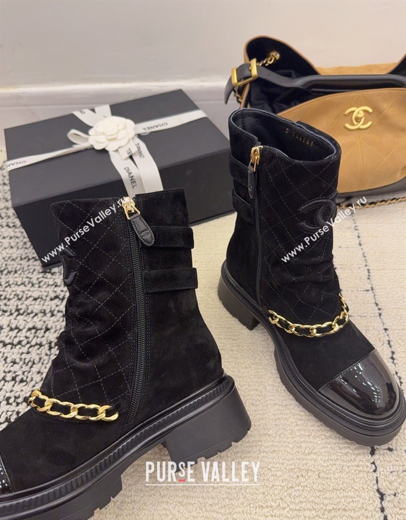 Chanel Suede Patent Leather Platform Ankle Boots with Chain and Buckle Black 2025 CH110412 (MD-251104059)