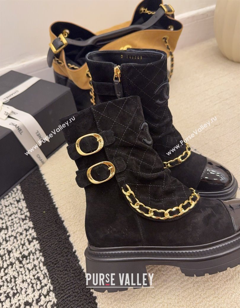 Chanel Suede Patent Leather Platform Ankle Boots with Chain and Buckle Black 2025 CH110412 (MD-251104059)