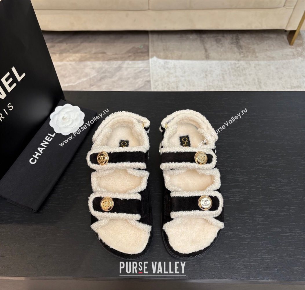 Chanel Coco Neige Suede and Wool Flat Strap Sandals Black 2025 CH110312 (MD-251103109)