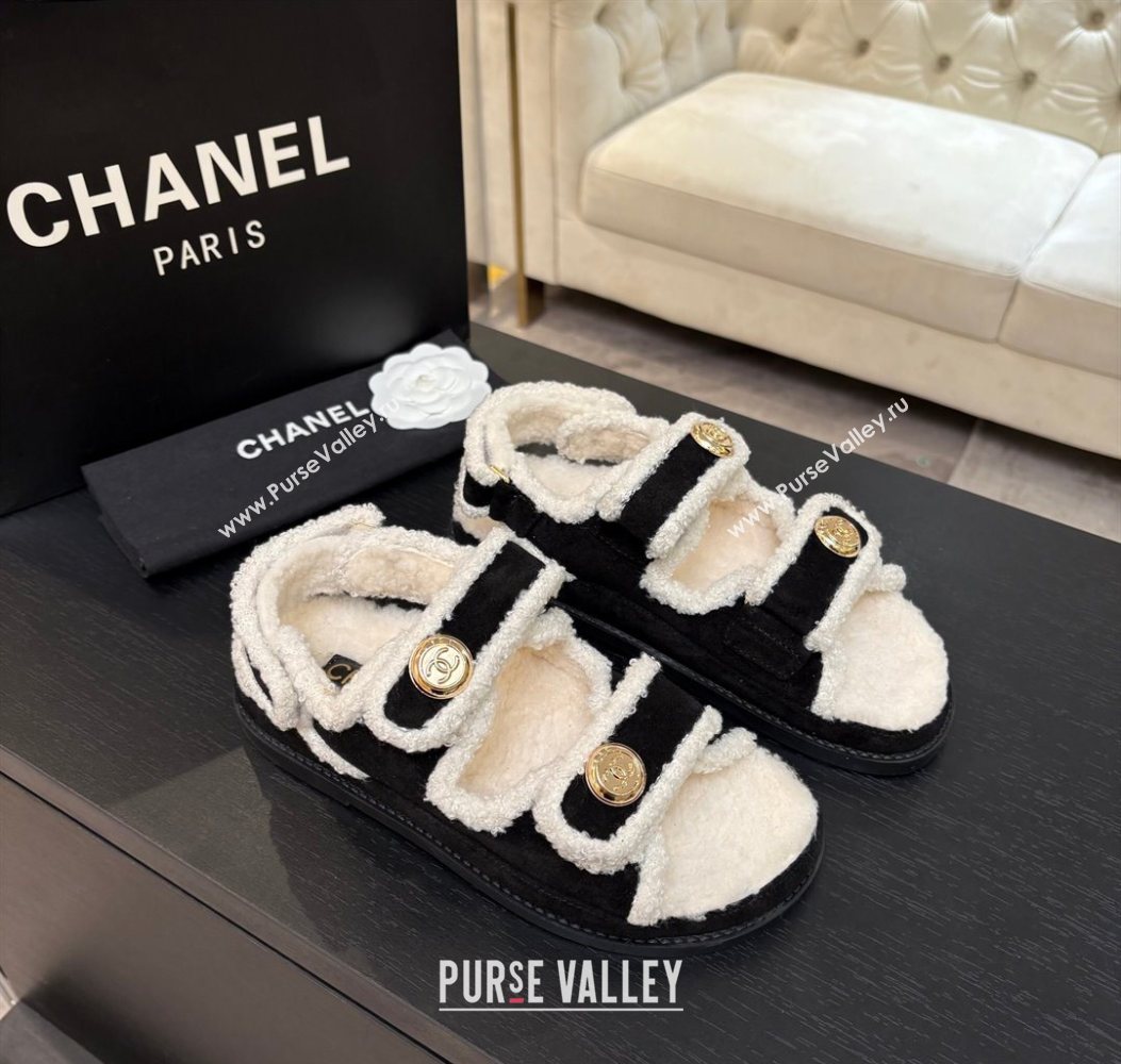 Chanel Coco Neige Suede and Wool Flat Strap Sandals Black 2025 CH110312 (MD-251103109)
