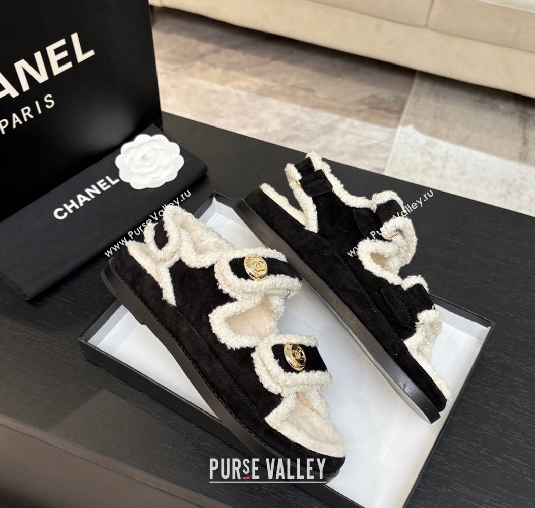 Chanel Coco Neige Suede and Wool Flat Strap Sandals Black 2025 CH110312 (MD-251103109)