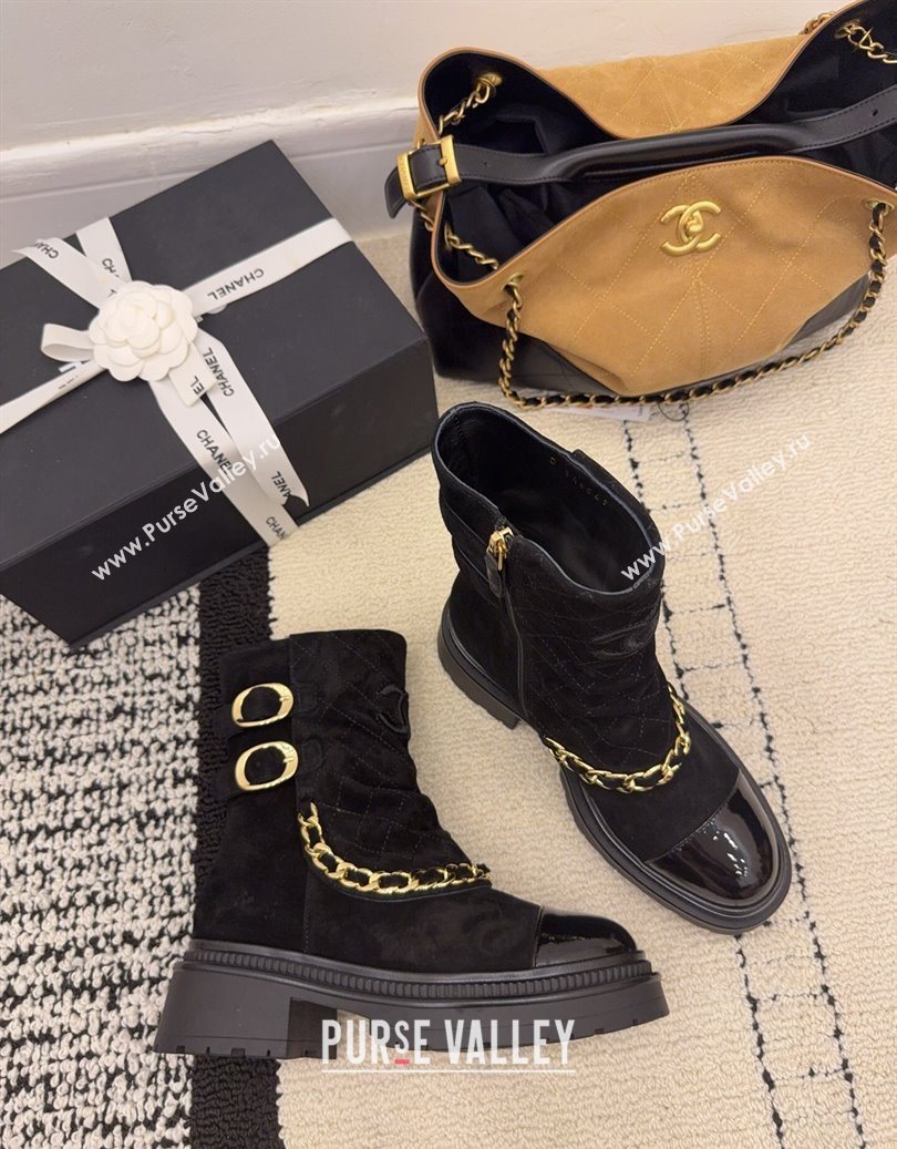 Chanel Suede Patent Leather Platform Ankle Boots with Chain and Buckle Black 2025 CH110412 (MD-251104059)
