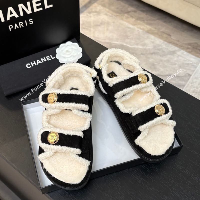 Chanel Coco Neige Suede and Wool Flat Strap Sandals Black 2025 CH110312 (MD-251103109)