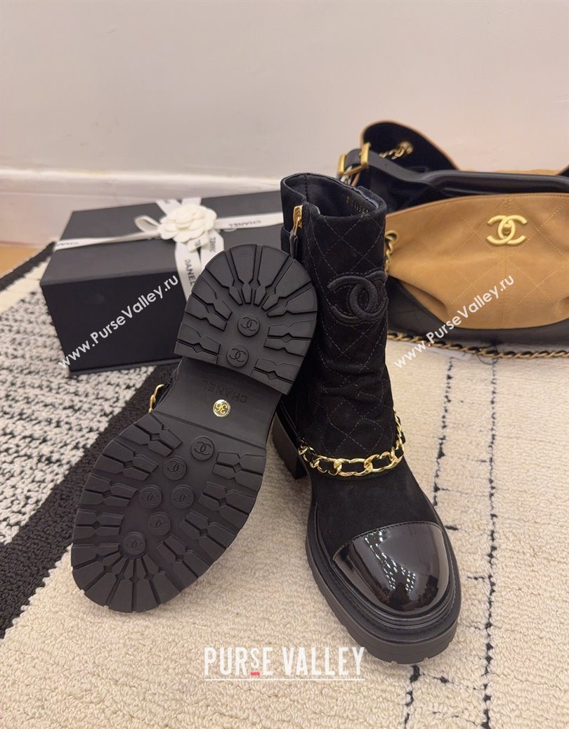 Chanel Suede Patent Leather Platform Ankle Boots with Chain and Buckle Black 2025 CH110412 (MD-251104059)