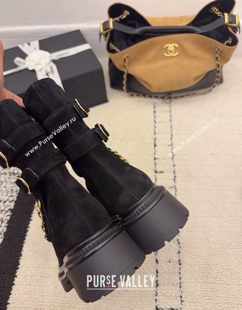 Chanel Suede Patent Leather Platform Ankle Boots with Chain and Buckle Black 2025 CH110412 (MD-251104059)