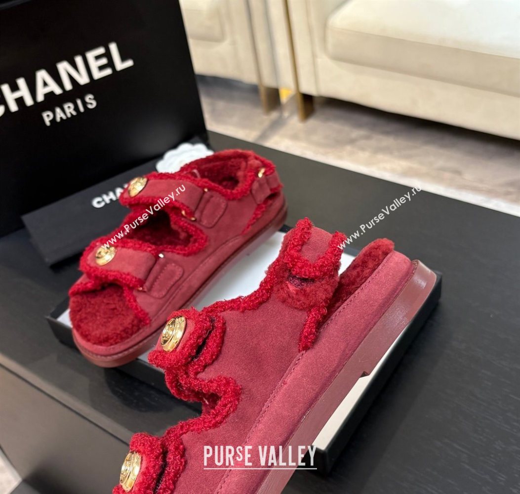 Chanel Coco Neige Suede and Wool Flat Strap Sandals Red 2025 CH110312 (MD-251103111)