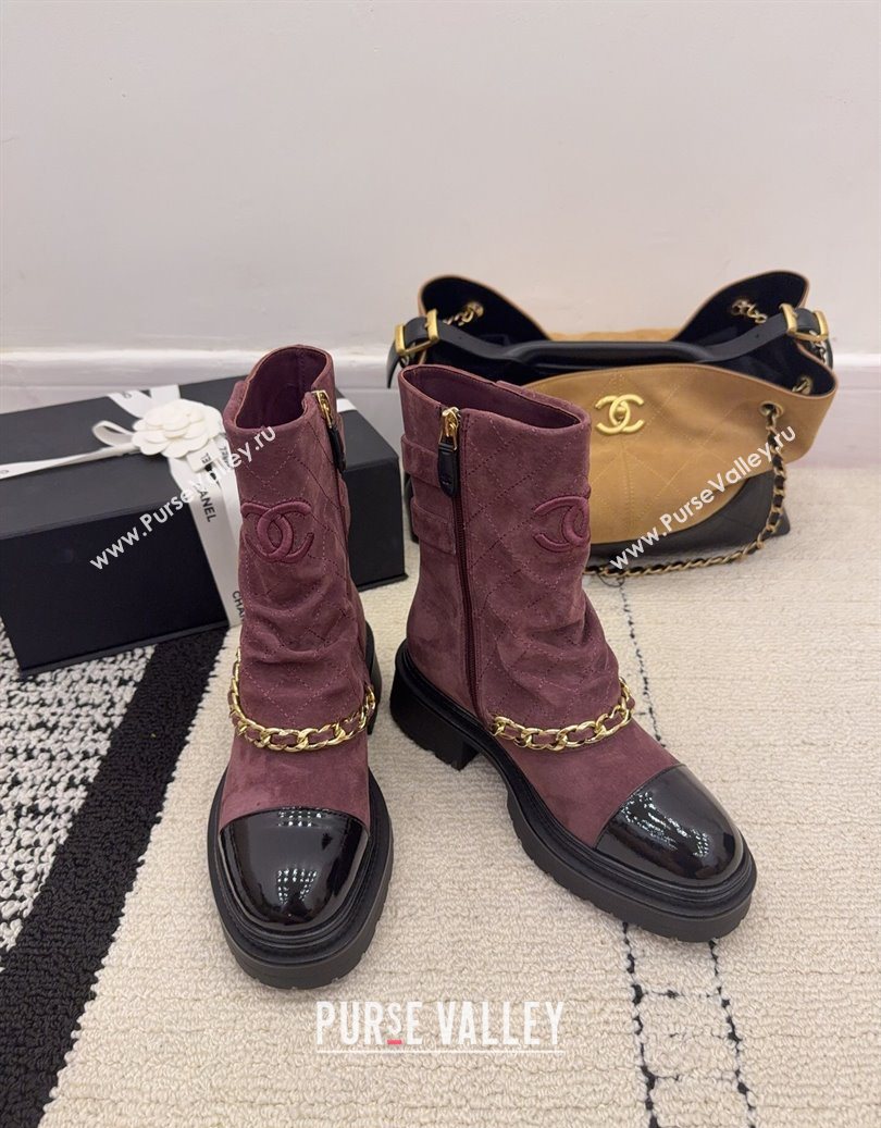 Chanel Suede Patent Leather Platform Ankle Boots with Chain and Buckle Burgundy 2025 CH110412 (MD-251104057)