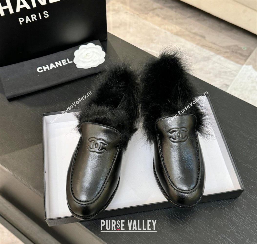 Chanel Shiny Crumpled Lambskin Shearling Loafers All Black 2025 G46534 (MD-251104061)