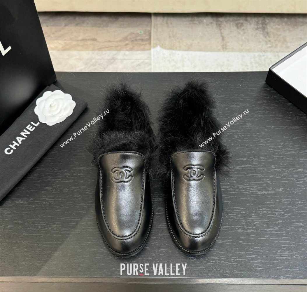 Chanel Shiny Crumpled Lambskin Shearling Loafers All Black 2025 G46534 (MD-251104061)