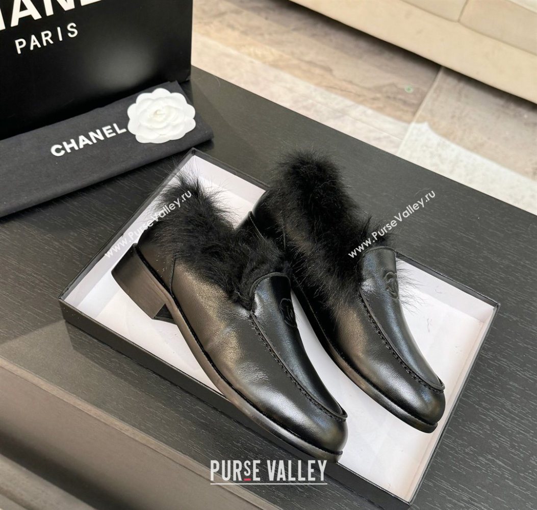Chanel Shiny Crumpled Lambskin Shearling Loafers All Black 2025 G46534 (MD-251104061)