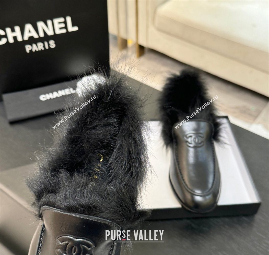 Chanel Shiny Crumpled Lambskin Shearling Loafers All Black 2025 G46534 (MD-251104061)