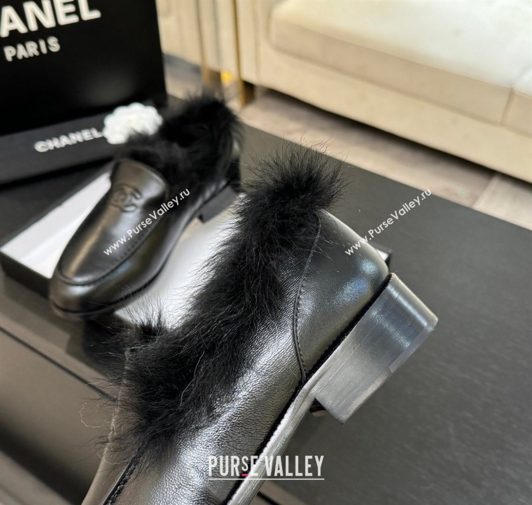 Chanel Shiny Crumpled Lambskin Shearling Loafers All Black 2025 G46534 (MD-251104061)