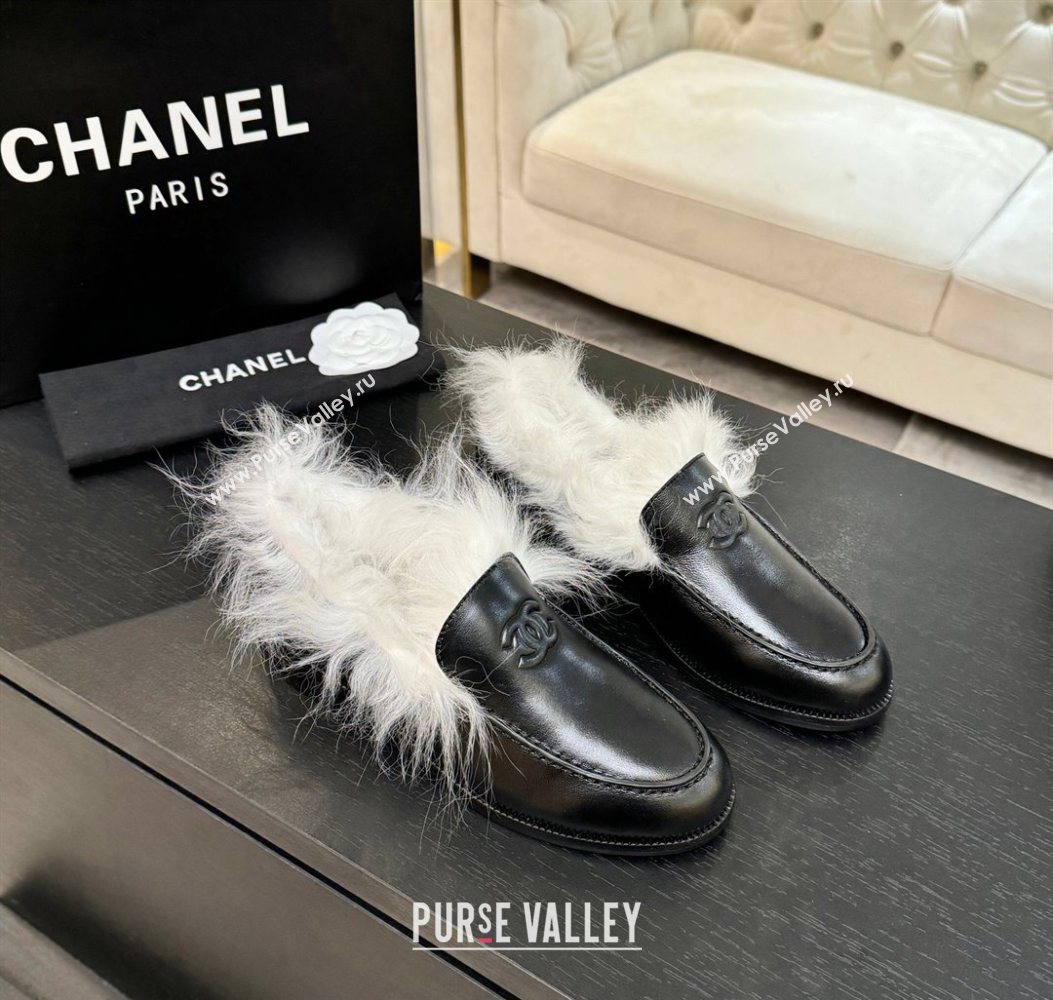Chanel Shiny Crumpled Lambskin Shearling Loafers Black/White 2025 G46534 (MD-251104063)