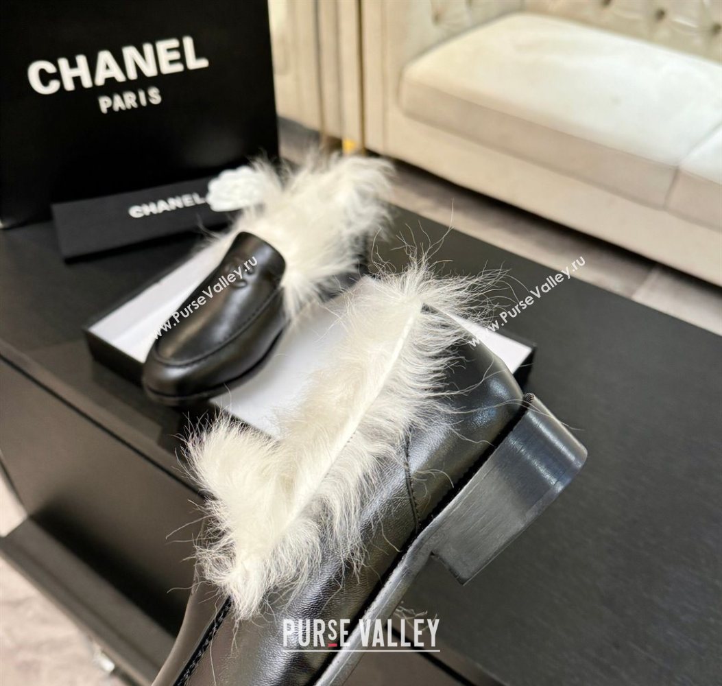 Chanel Shiny Crumpled Lambskin Shearling Loafers Black/White 2025 G46534 (MD-251104063)