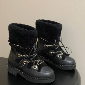 Chanel Calfskin Leather and Wool Snow Ankle Boots with Chain Black2 2025 CH110403 (MD-251104064)