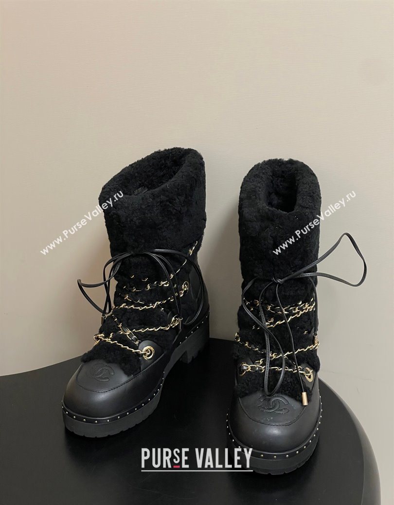 Chanel Calfskin Leather and Wool Snow Ankle Boots with Chain Black2 2025 CH110403 (MD-251104064)